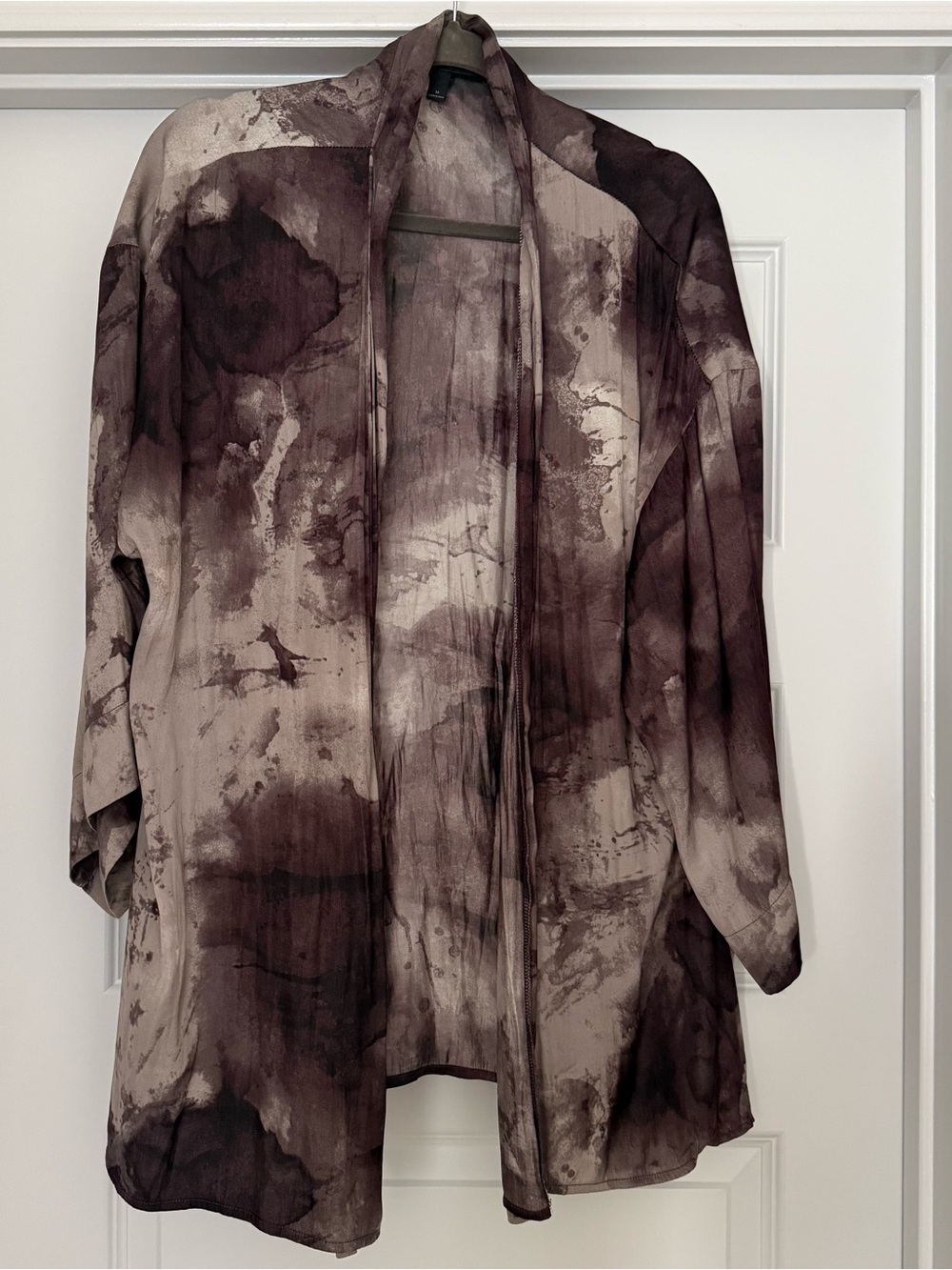 Women’s Open Front Watercolor Print Duster- Brown Taupe, Size M